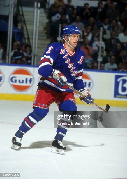 Brian Leetch of the New York Rangers skates on the ice during an NHL game against the New York Islanders on October 17, 1995 at the Nassau Coliseum...