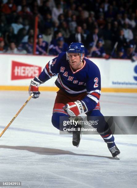 Brian Leetch of the New York Rangers skates on the ice during an NHL game against the Philadelphia Flyers on February 21, 1991 at the Spectrum in...