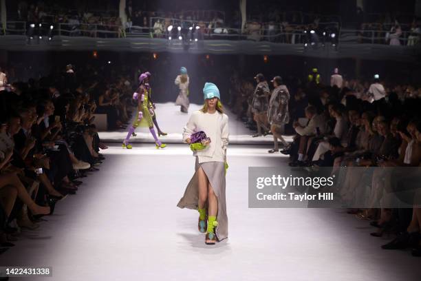 Model walks the runway during the Fendi 25th Anniversary Celebration of the Baguette at New York Fashion Week at Hammerstein Ballroom on September...