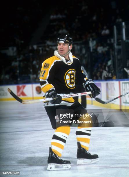 Joe Mullen of the Boston Bruins skates on the ice during an NHL game against the New York Islanders on March 5, 1996 at the Nassau Coliseum in...