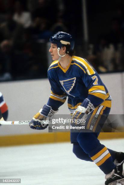 Joe Mullen of the St. Louis Blues skates on the ice during an NHL game against the New York Islanders on March 20, 1982 at the Nassau Coliseum in...