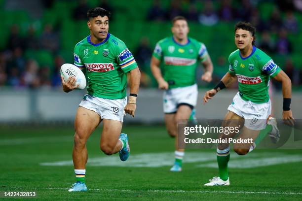 Matthew Timoko of the Raiders makes a break during the NRL Elimination Final match between the Melbourne Storm and the Canberra Raiders at AAMI Park...