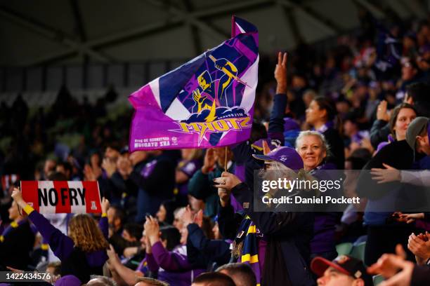 Storm fans shows their support during the NRL Elimination Final match between the Melbourne Storm and the Canberra Raiders at AAMI Park on September...