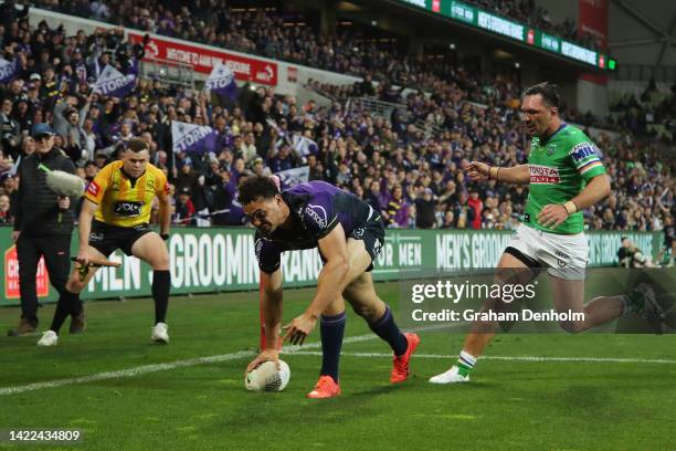 Xavier Coates of the Storm scores a try during the NRL Elimination Final match between the Melbourne Storm and the Canberra Raiders at AAMI Park on...