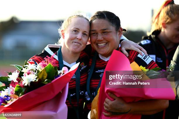 Kendra Cocksedge and Stephanie Te Ohaere-Fox embrace after winning the Farah Palmer Cup Premiership Final match between Canterbury and Auckland at Te...