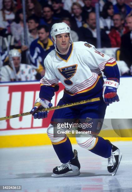 Brendan Shanahan of the St. Louis Blues skates on the ice during an NHL game in April, 1995 at the Kiel Center in St. Louis, Missouri.