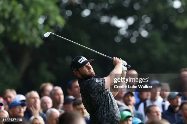 Tyrell Hatton of England tees off on the 2nd hole during Round Two on Day Three of the BMW PGA Championship at Wentworth Golf Club on September 10,...