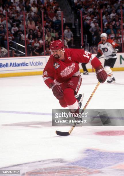 Brendan Shanahan of the Detroit Red Wings skates on the ice during 1997 Stanley Cup Finals against the Philadelphia Flyers in June, 1997 at the...
