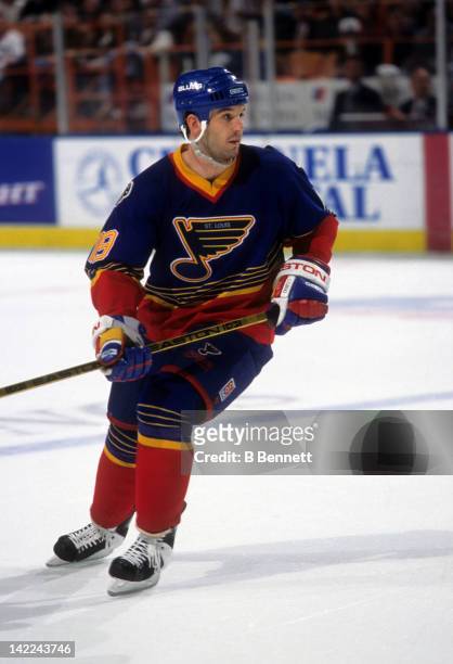 Brendan Shanahan of the St. Louis Blues skates on the ice during an NHL game against the Los Angeles Kings in March, 1995 at the Great Western Forum...