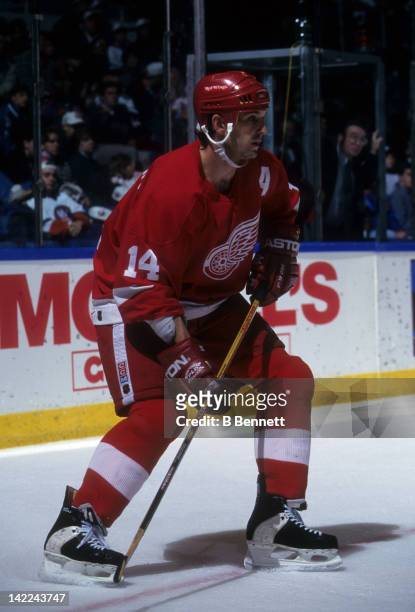 Brendan Shanahan of the Detroit Red Wings skates on the ice during an NHL game against the New York Islanders on December 28, 1996 at the Nassau...