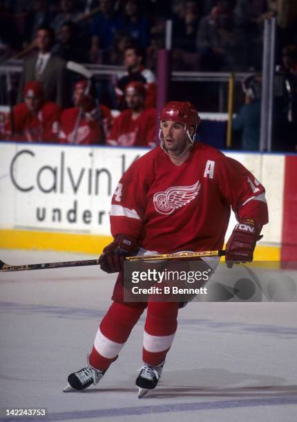 Brendan Shanahan of the Detroit Red Wings skates on the ice during an NHL game against the New York Rangers on March 21, 1997 at the Madison Square...