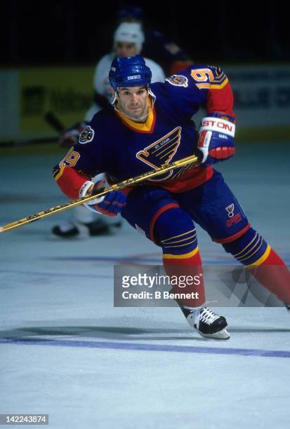 Brendan Shanahan of the St. Louis Blues skates on the ice during an NHL game against the Winnipeg Jets circa 1995 at the Winnipeg Arena in Winnipeg,...