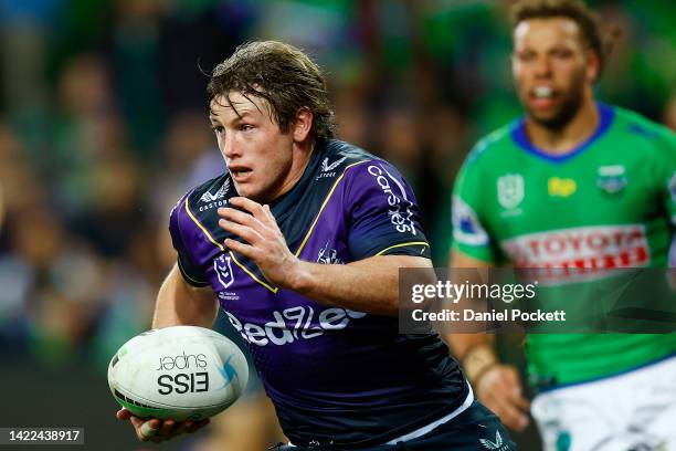 Harry Grant of the Storm runs the ball during the NRL Elimination Final match between the Melbourne Storm and the Canberra Raiders at AAMI Park on...