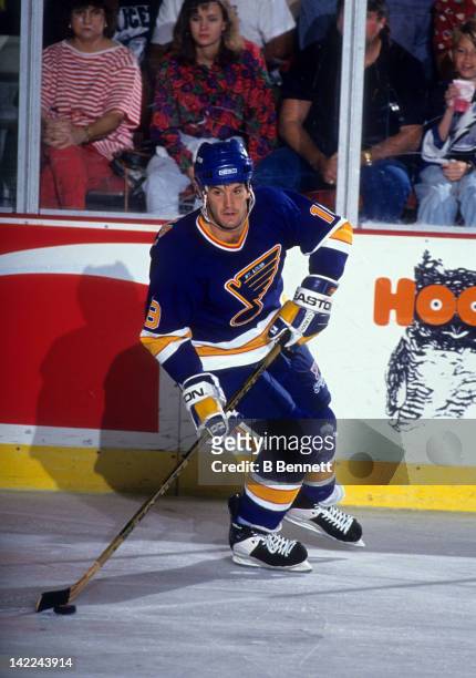Brendan Shanahan of the St. Louis Blues skates with the puck during an NHL game against the Tampa Bay Lightning circa 1993 at the Florida Sucoast...