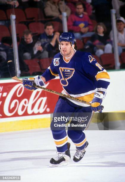 Brendan Shanahan of the St. Louis Blues skates on the ice during an NHL game circa 1991.