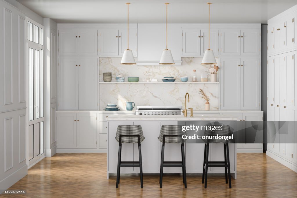 Luxury Kitchen Interior With White Cabinets, Kitchen Island And Stools