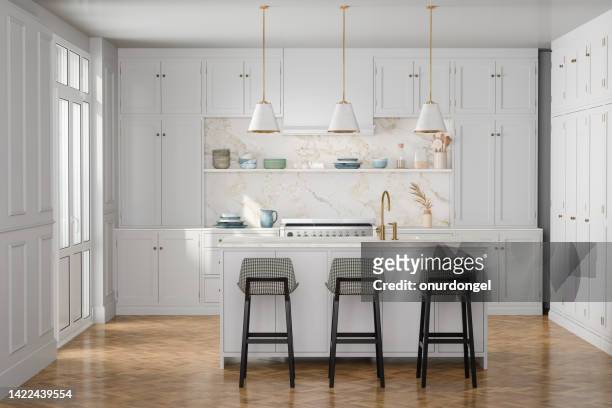 luxury kitchen interior with white cabinets, kitchen island and stools - food white background stock pictures, royalty-free photos & images