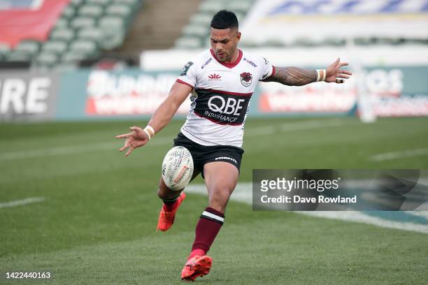 Henry Taefu of North Harbour kicks the ball during the round six Bunnings NPC match between North Harbour and Bay of Plenty at North Harbour Stadium,...