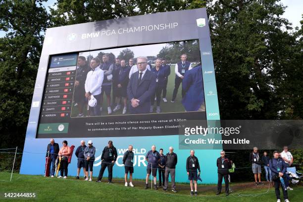 General view as the LED Screen next to the course shows Keith Pelley, CEO of The European Tour Group and DP World Tour, as they pay their respects as...