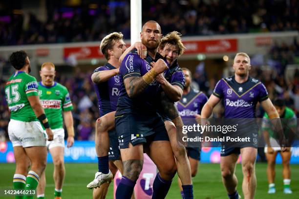 Nelson Asofa-Solomona of the Storm celebrates with team mates after scoring a try during the NRL Elimination Final match between the Melbourne Storm...
