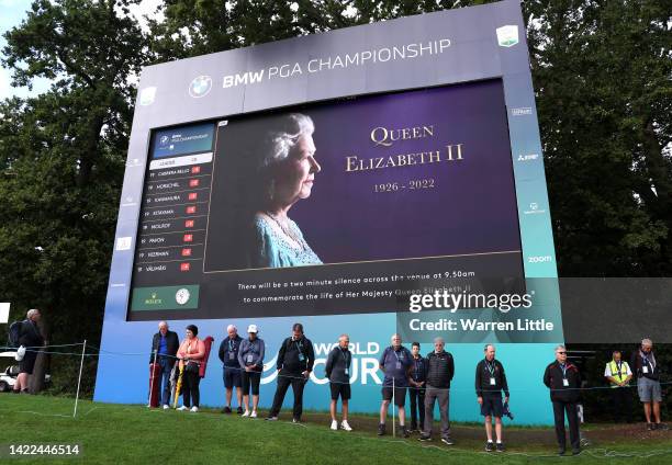General view of the LED Screen as play stops for a two minute silence in memory of Her Majesty, Queen Elizabeth II during Round Two on Day Three of...