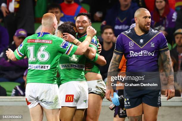 Jordan Rapana of the Raiders celebrates with team mates after scoring a try during the NRL Elimination Final match between the Melbourne Storm and...