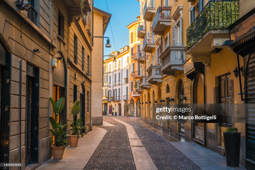 Narrow alley in traditional Brera district. Milan, Italy.