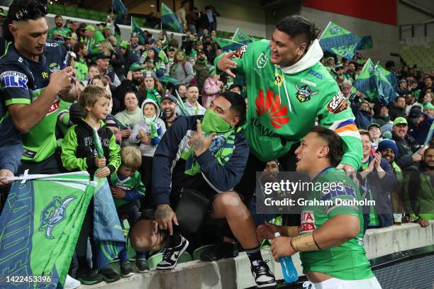Josh Papalii of the Raiders celebrates with the fans following victory in the NRL Elimination Final match between the Melbourne Storm and the...