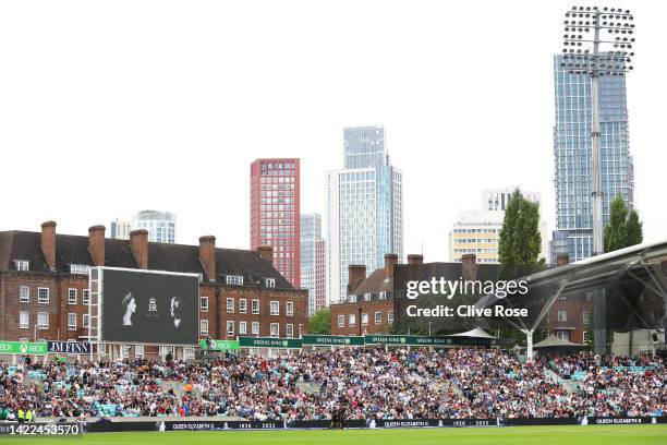 General view as an LED board inside the stadium displays a tribute to Her Majesty Queen Elizabeth II during Day Three of the Third LV= Insurance Test...