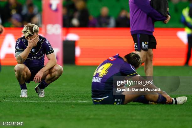 Cameron Munster of the Storm and Brandon Smith of the Storm look dejected after during the NRL Elimination Final match between the Melbourne Storm...