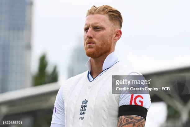 England Captain, Ben Stokes wears a black armband as a tribute to Her Majesty Queen Elizabeth II during Day Three of the Third LV= Insurance Test...
