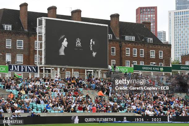 An LED board inside the stadium displays a tribute to Her Majesty Queen Elizabeth II during Day Three of the Third LV= Insurance Test Match between...