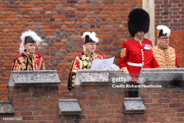 David Vines White, Garter King of Arms reads the Principal Proclamation, from the balcony overlooking Friary Court after the accession council as...