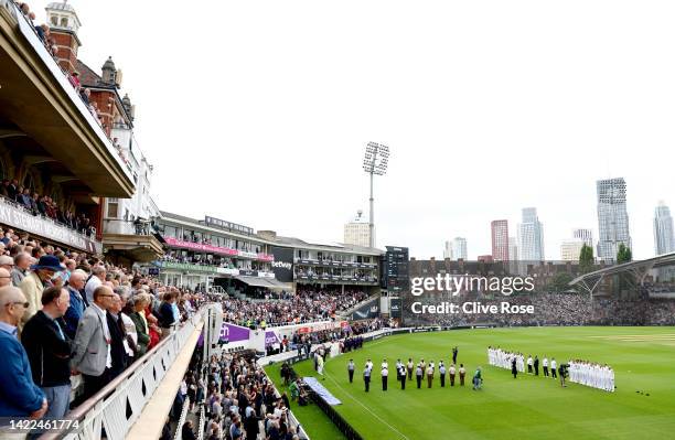 Fans, England and South Africa players hold a minutes silence as a tribute to Her Majesty Queen Elizabeth II prior to Day Three of the Third LV=...