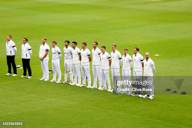 England players observe a minutes silence as a tribute to Her Majesty Queen Elizabeth II prior to Day Three of the Third LV= Insurance Test Match...