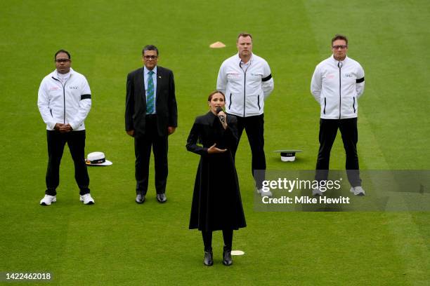 Laura Wright sings the national anthem prior to Day Three of the Third LV= Insurance Test Match between England and South Africa at The Kia Oval on...