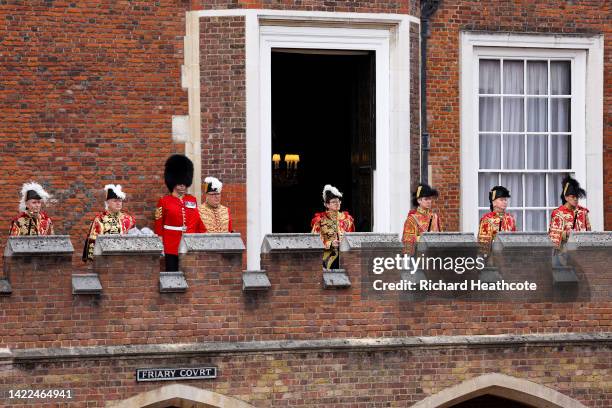 David Vines White, Garter King of Arms reads the Principal Proclamation, from the balcony overlooking Friary Court after the accession council as...