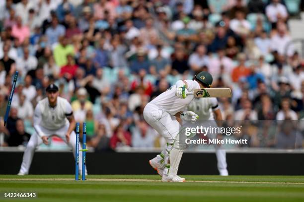 Dean Elgar of South Africa is bowled out by Ollie Robinson of England during Day Three of the Third LV= Insurance Test Match between England and...