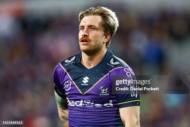 Cameron Munster of the Storm looks on during the NRL Elimination Final match between the Melbourne Storm and the Canberra Raiders at AAMI Park on...