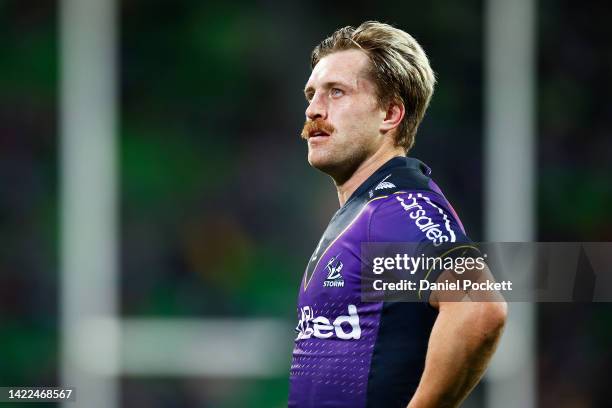 Cameron Munster of the Storm looks on during the NRL Elimination Final match between the Melbourne Storm and the Canberra Raiders at AAMI Park on...