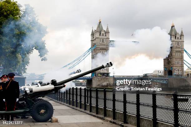 Round gun salute is fired by the Royal Artillery at the Tower of London as King Charles III is proclaimed King during the accession council on...