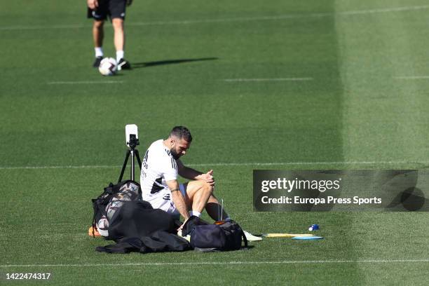 Daniel Carvajal of Real Madrid gestures during the Real Madrid training session at Ciudad Deportiva Real Madrid on September 10, 2022 in Valdebebas,...