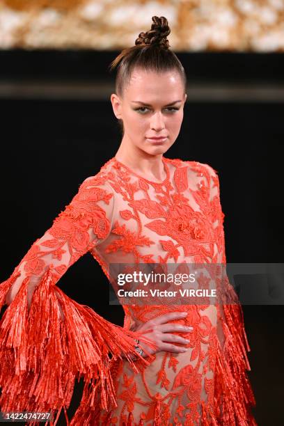 Model walks the runway during the Naeem Khan Ready to Wear Spring/Summer 2023 fashion show as part of the New York Fashion Week on September 09,...