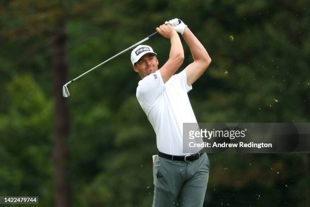 Victor Perez of France plays their second shot on the 9th hole during Round Two on Day Three of the BMW PGA Championship at Wentworth Golf Club on...