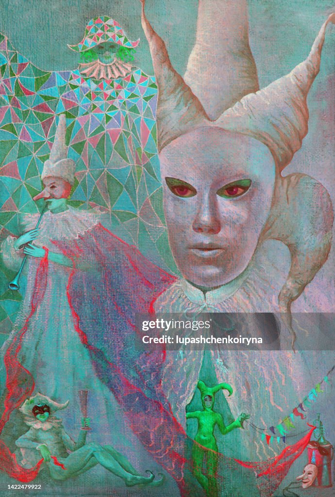Illustration oil painting carnival portrait of man face covered with a harlequin mask in retro style on an abstract background