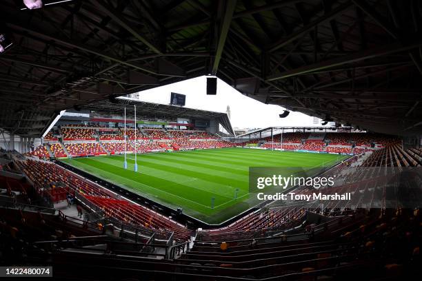 General view as an LED board inside the stadium displays a tribute to Her Majesty Queen Elizabeth II who died at Balmoral Castle on September 8, 2022...