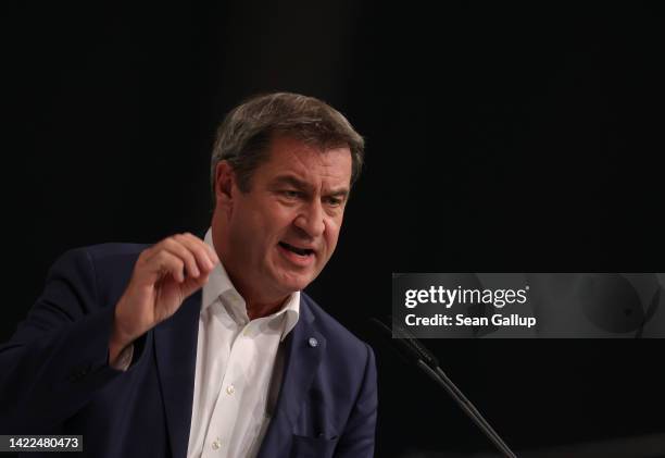 Markus Soeder, leader of the Christian Social Union , the Bavarian sister party of the German Christian Democrats , speaks on the second of a two-day...