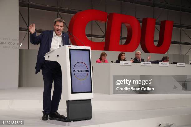 Markus Soeder, leader of the Christian Social Union , the Bavarian sister party of the German Christian Democrats , speaks on the second of a two-day...