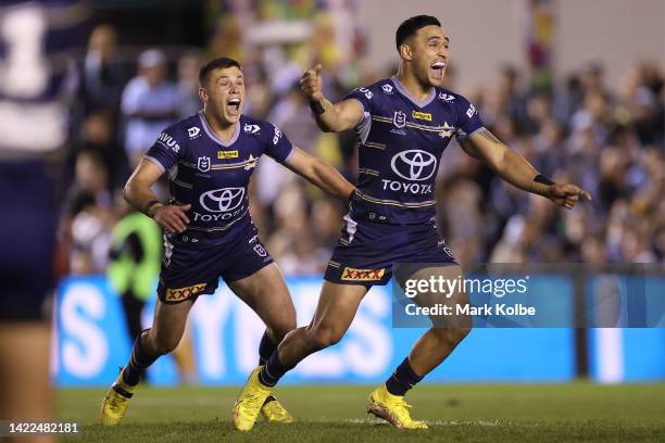 Valentine Holmes of the Cowboys celebrates kicking the winning field goal in golden-point time during the NRL Qualifying Final match between the...