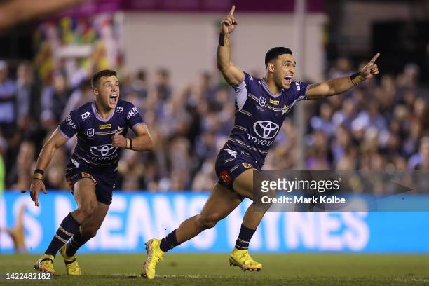 Valentine Holmes of the Cowboys celebrates kicking the winning field goal in golden-point time during the NRL Qualifying Final match between the...